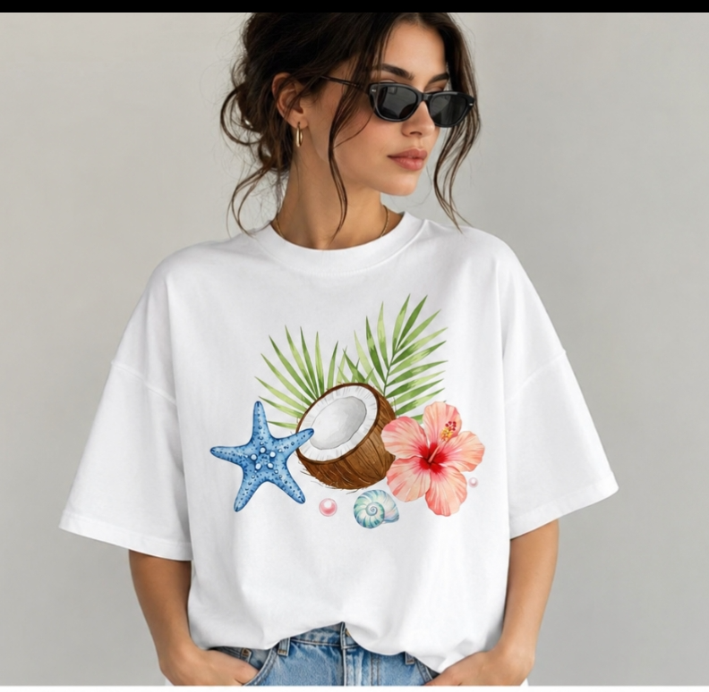 استیکر پارچه و لباس طرح تابستانی نارگیل، صدف و گل