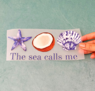 استیکر پارچه و لباس، طرح تابستانی نارگیل و صدف آبی the sea calls me