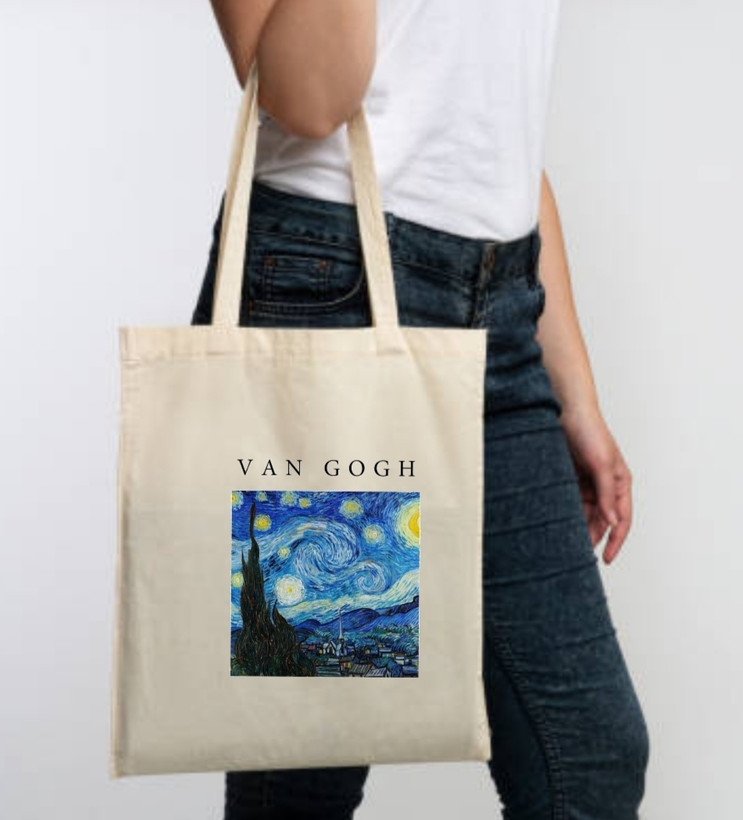 استیکر پارچه و لباس، طرح ونگوگ شب پرستاره و متن VAN GOGH
